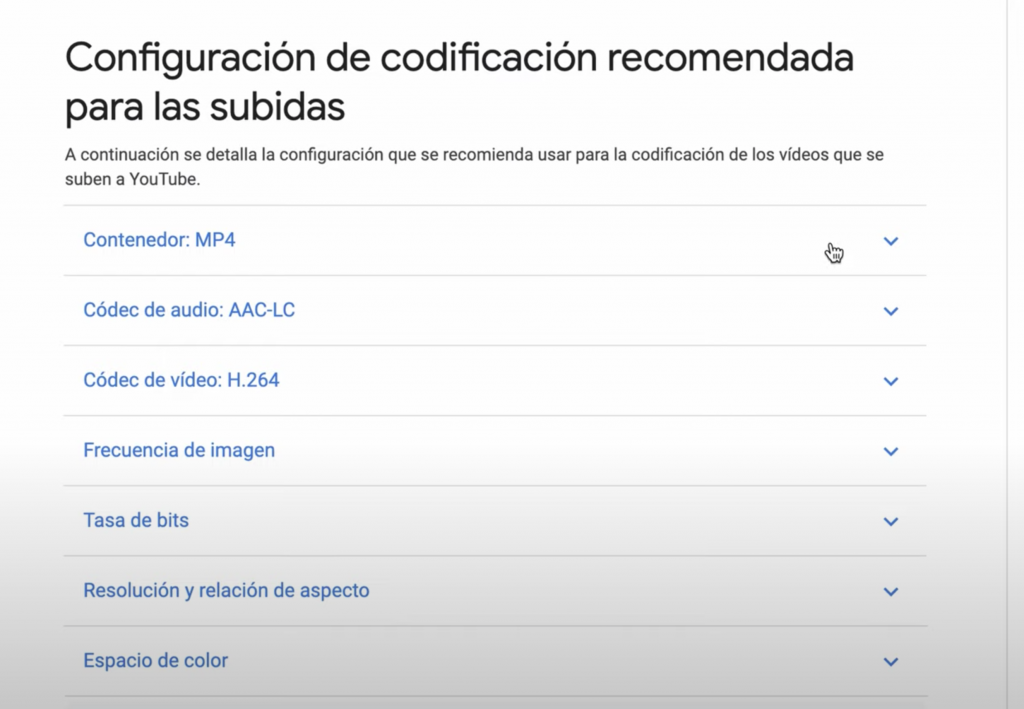 configuracion de exportacion youtube